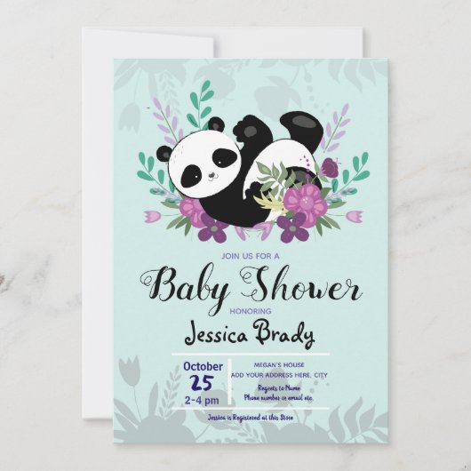 Panda mit Purple Flowers Babydusche Einladung (Vorderseite)