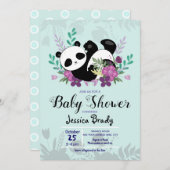 Panda mit Purple Flowers Babydusche Einladung (Vorne/Hinten)