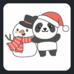 Panda mit Schneemann im Winter für den Weihnachtsp Quadratischer Aufkleber<br><div class="desc">Panda with snowman in winter for Christmas - a snowman for winter and Christmas. A winter greeting in the cold season for the holidays. Christmas panda with snowman.</div>