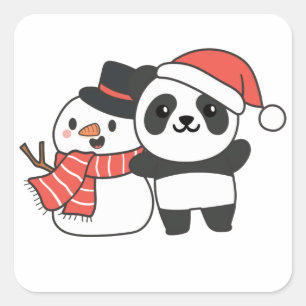 Panda mit Schneemann im Winter für den Weihnachtsp Quadratischer Aufkleber
