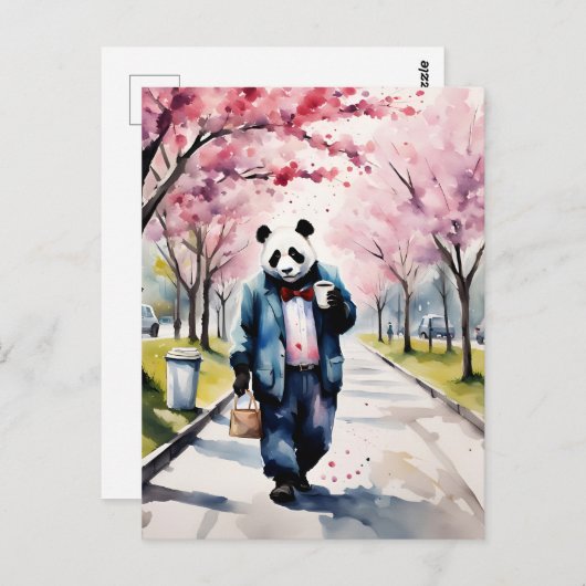Panda Morning Coffee Walk in der Frühlingstadt Postkarte (Vorne/Hinten)