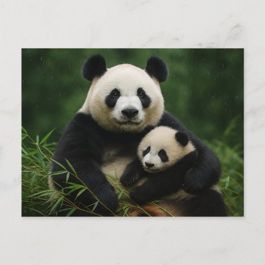 Panda Mother & Cub in Gentle Rain Postkarte (Vorderseite)