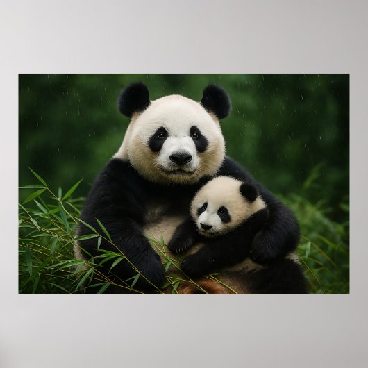 Panda-Mutter & Jungtier im sanften Regen Poster (Vorne)
