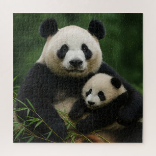 Panda-Mutter & Jungtier im sanften Regen Puzzle