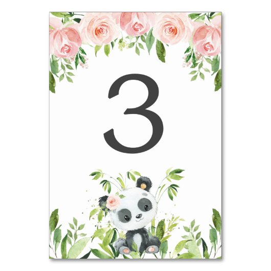Panda Panda Pink Blumengrün Babydusche Tischnummer (Rückseite)