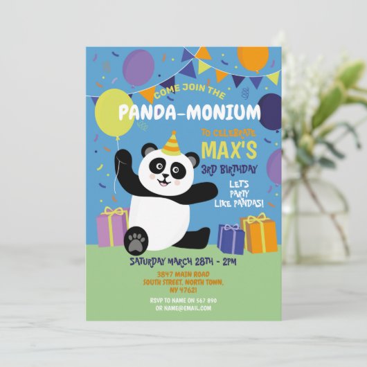 Panda Party Birthday Panda-monium Blue Einladung (Stehend Vorderseite)
