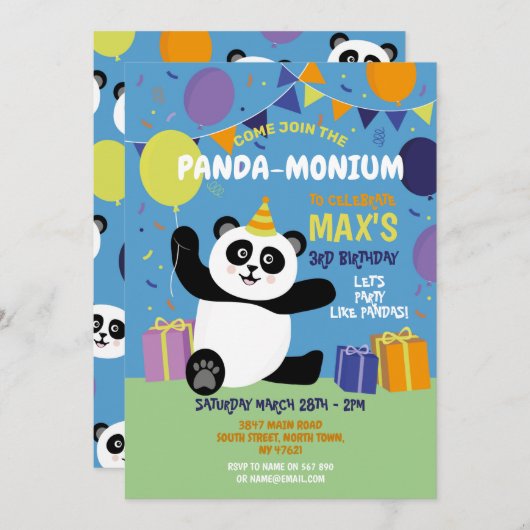 Panda Party Birthday Panda-monium Blue Einladung (Vorne/Hinten)