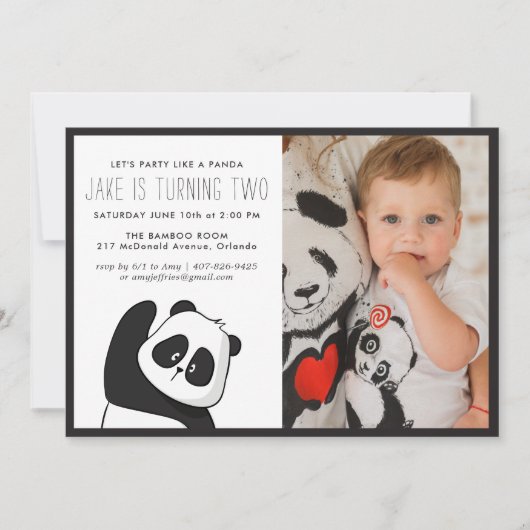 Panda Party | Einladung in Monochrome und Foto (Vorderseite)