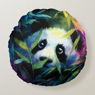Panda Peeking Bamboo Watercolor Rundes Kissen