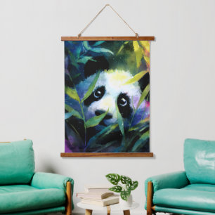 Panda Peeking Bamboo Watercolor Wandteppich Mit Holzrahmen