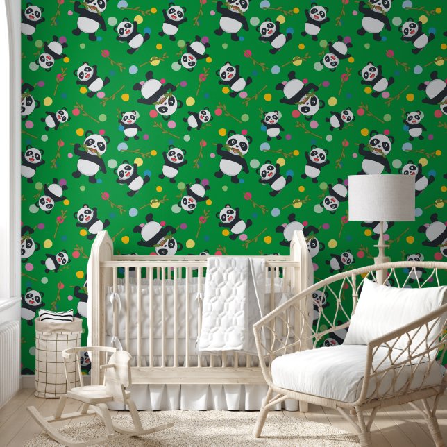 Panda polka dot kids muster green background tapete (Kinder)