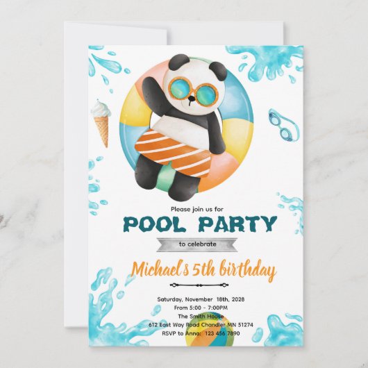 Panda-Poolparty-Geburtstagseinladung Einladung (Vorderseite)