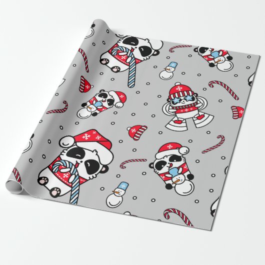 Panda Santa Bears mit Schneeflocken Geschenkpapier (Ungerollt)