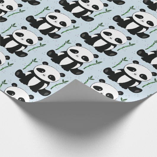 Panda sitzt mit Bamboo Muster Blau Geschenkpapier (Ecke)