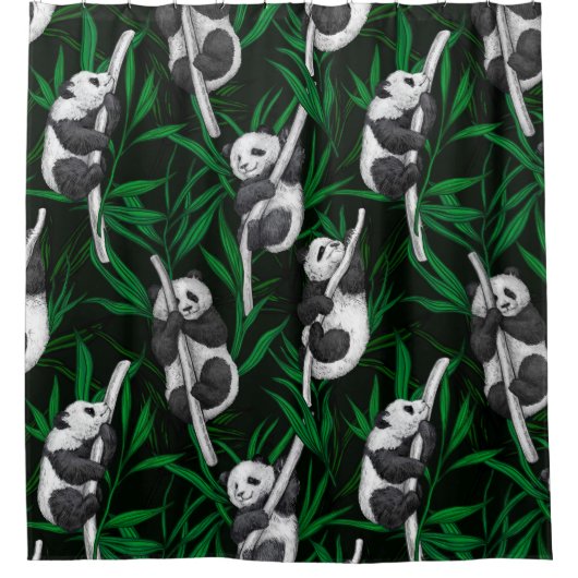 Panda-Sträucher auf dunkelgrüner Ebene Duschvorhang (Vorderseite)