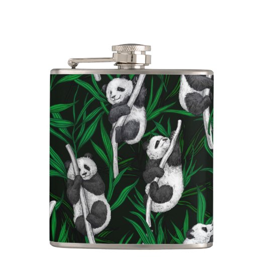 Panda-Sträucher auf dunkelgrüner Ebene Flachmann (Vorderseite)