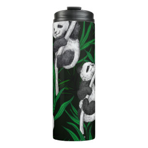 Panda-Sträucher auf dunkelgrüner Ebene Thermosbecher
