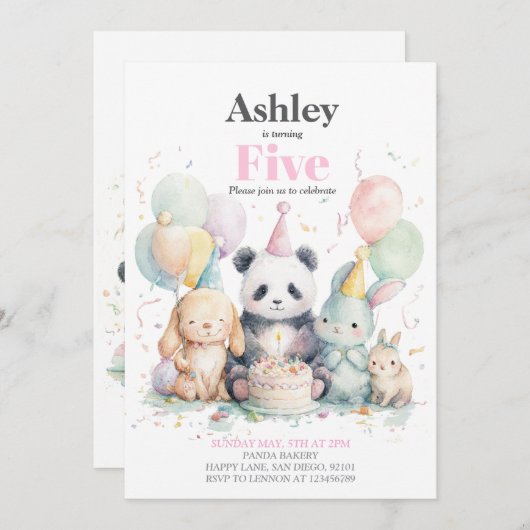 Panda und Freunde Geburtstag & Party Einladung (Vorne/Hinten)