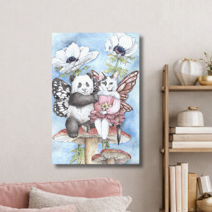 Panda und Katzenfee Freunde mit Anemonenblumen Leinwanddruck