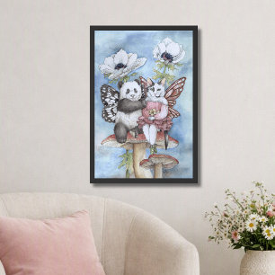 Panda und Katzenfee Freunde mit Anemonenblumen Poster