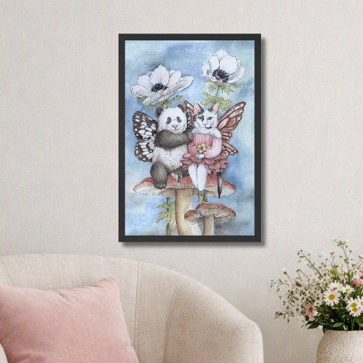 Panda und Katzenfee Freunde mit Anemonenblumen Poster