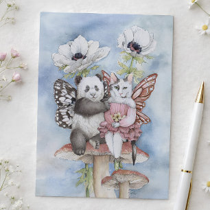 Panda und Katzenfee Freunde mit Anemonenblumen Postkarte