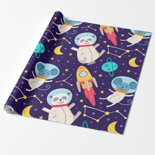 Panda und Maus Astronaut Kindermuster Geschenkpapier (Ungerollt)