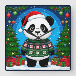 🐼 Panda Weihnachtsstimmung im heimischen Stil Quadratische Wanduhr