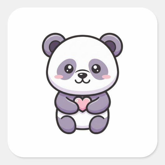 Panda with Heart – Cute Whimsical Illustration Quadratischer Aufkleber (Vorderseite)