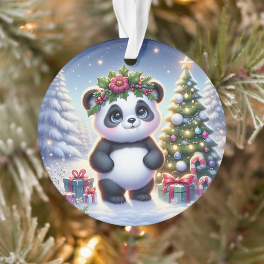 Panda with Holly Crown & Candy Canes Ornament (Baum)