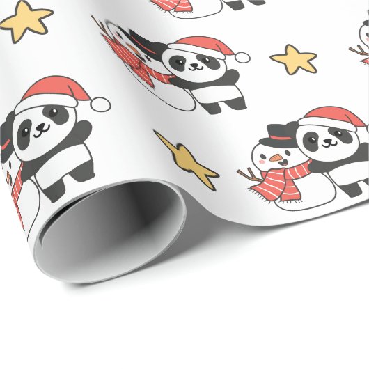 Panda With Snowman In Winter For Christmas Geschenkpapier (Rolleneckpunkt)