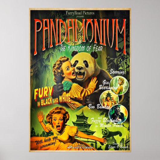 Pandamonium Funny Panda Retro Horror Filmplakat Poster (Vorne)