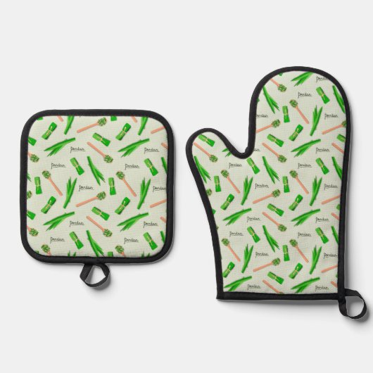 Pandan Leaf Pattern Oven Mitt & Pot Holders Ofenhandschuh & Topflappen-Set (Vorderseite)
