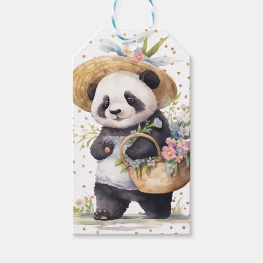 Pandas Abenteuer mit Blumen Geschenkanhänger (Vorderseite)