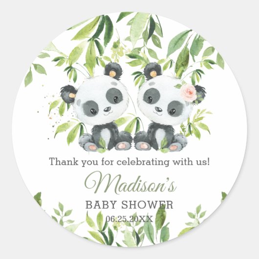 Pandas Bamboo Greenery Twin Boy Girl Baby Shower Runder Aufkleber (Vorderseite)