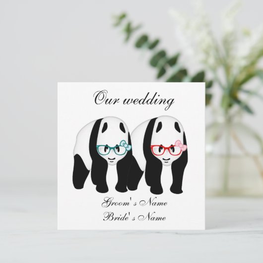 Pandas Hochzeitseinladung mit Brille Einladung (Stehend Vorderseite)