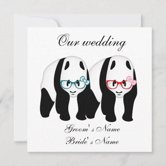 Pandas Hochzeitseinladung mit Brille Einladung (Vorderseite)