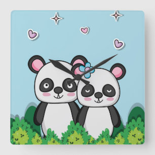 Pandas-Paar Quadratische Wanduhr