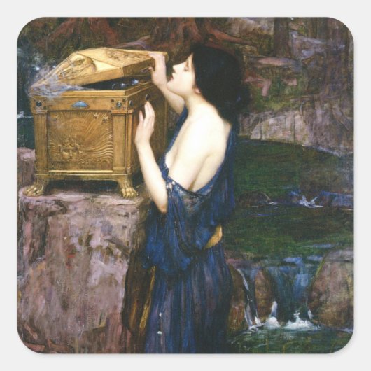 Pandora's Box - John William Waterhouse Quadratischer Aufkleber (Vorderseite)