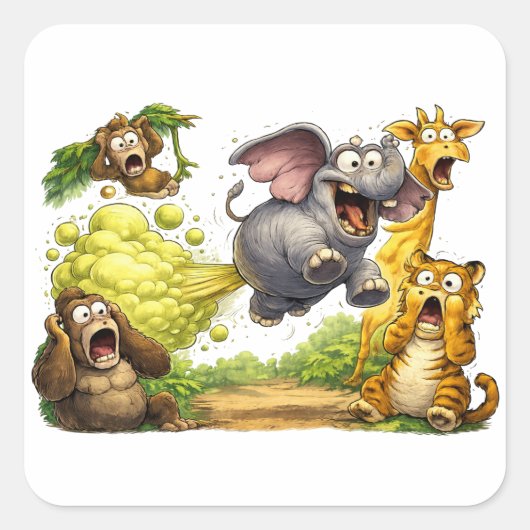 Panic in the Jungle Farting Elephant Cartoon Quadratischer Aufkleber (Vorderseite)
