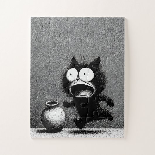 Panicked Cat & Vase - Monochrome Cartoon Puzzle (Vertikal)