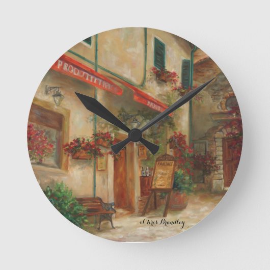 Panini Cafe' Ölgemälde von Chris Brandley Runde Wanduhr (Vorderseite)