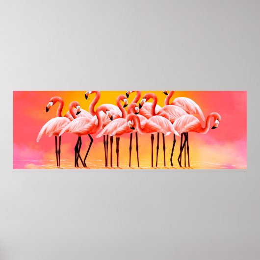 Panorama der rosa Flamingos auf einem hellrosa Hin Poster (Vorne)