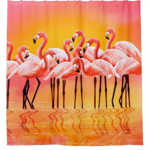Panorama der rosa Flamingos auf einem hellrosa Rüc Duschvorhang
