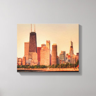 Panorama von Chicago-Skylinen am Sonnenaufgang Leinwanddruck