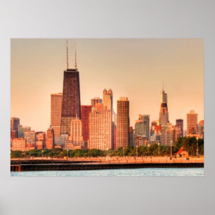 Panorama von Chicago-Skylinen am Sonnenaufgang Poster