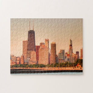 Panorama von Chicago-Skylinen am Sonnenaufgang Puzzle