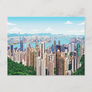 Panoramablick auf die Skyline von Hongkong auf ein Postkarte