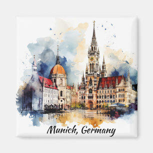 Panoramablick auf München Deutschland Aquarellmale Magnet