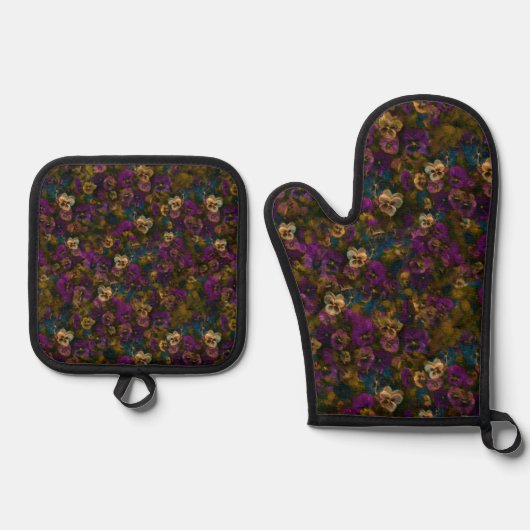 Pansies [gold] Oven Mitt and Pot Holders Ofenhandschuh & Topflappen-Set (Vorderseite)